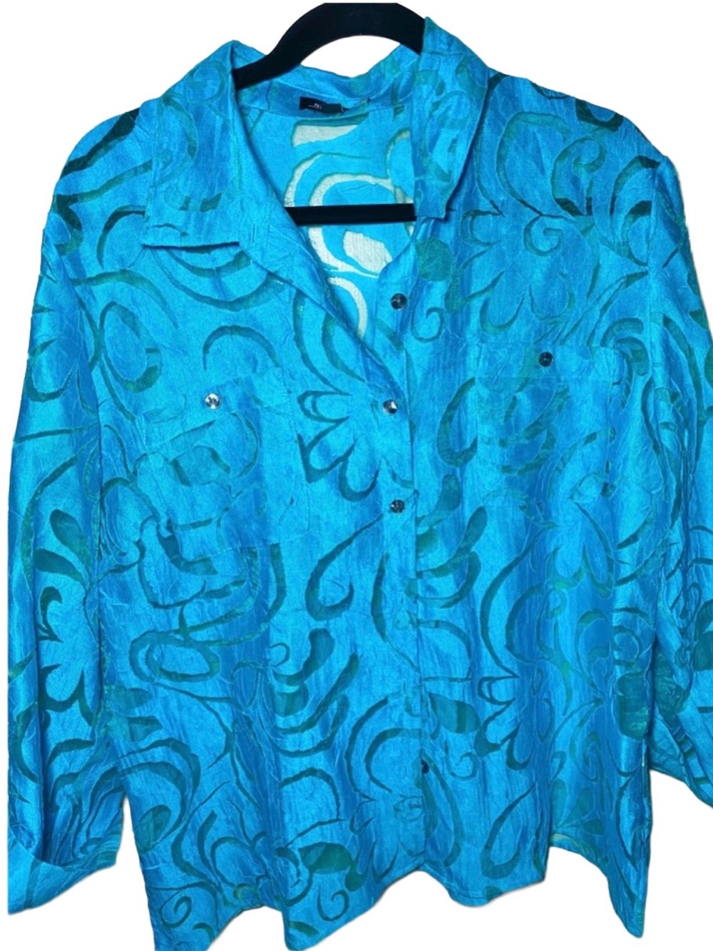 Vintage Notations Sheer Floral Burnout Button Up Blouse‎ Blue Green